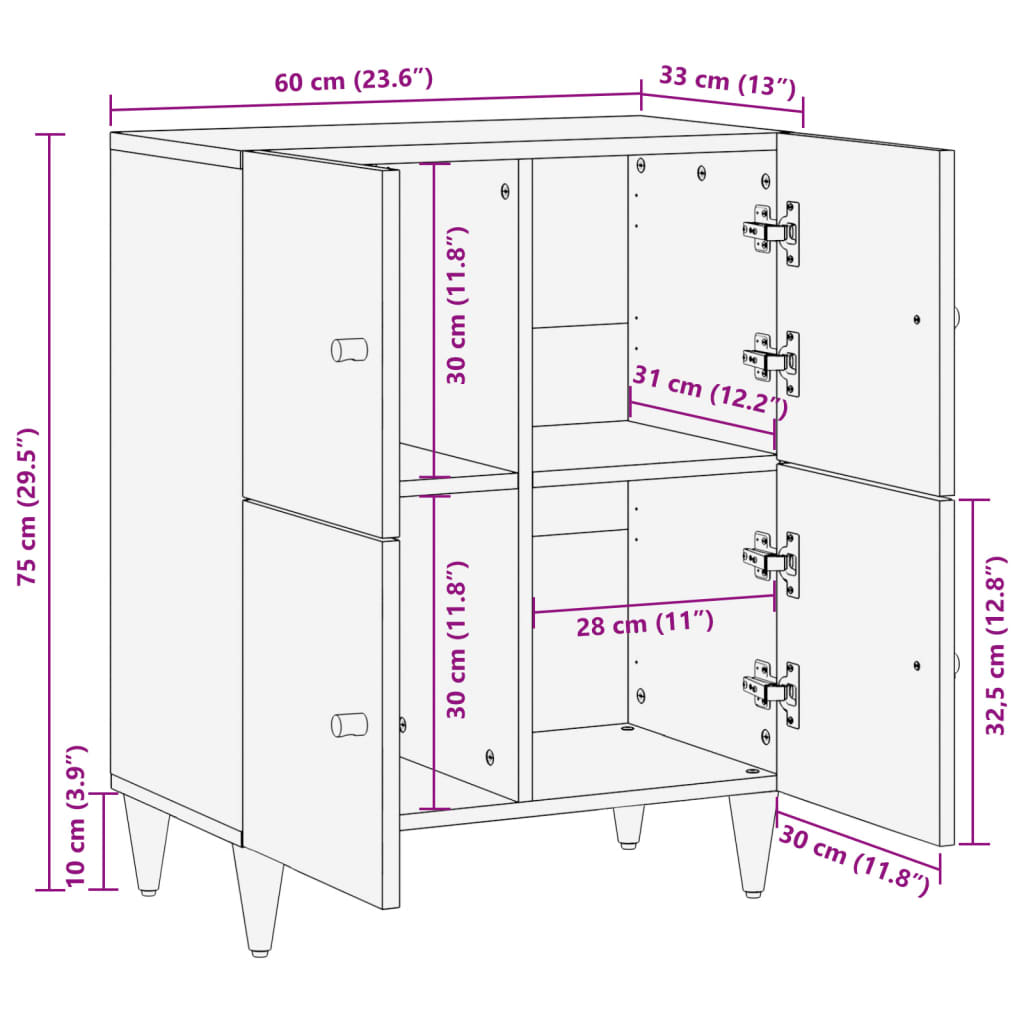 Credenza 60x33x75 cm in Legno Massello di Mango