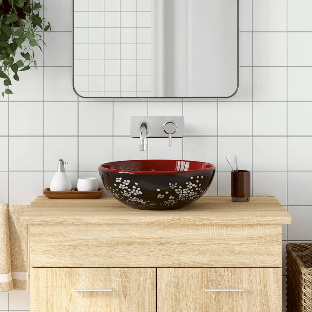 Lavabo da Appoggio Nero e Rosso Rotondo Φ41x14 cm Ceramica