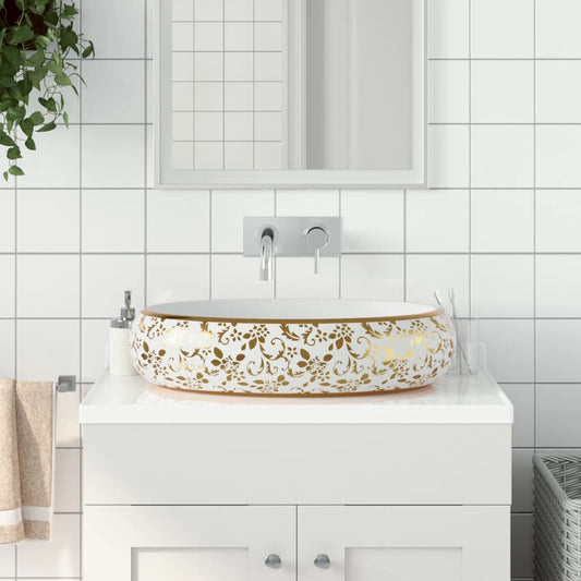 Lavabo da Appoggio Bianco e Oro Ovale 59x40x15 cm Ceramica - homemem39