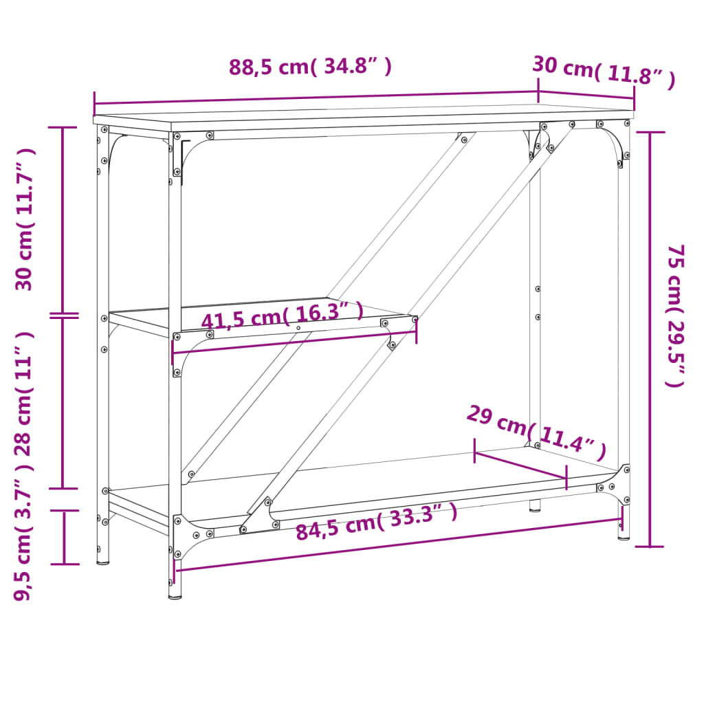 Tavolino Consolle Grigio Sonoma 88,5x30x75 cm Legno Multistrato