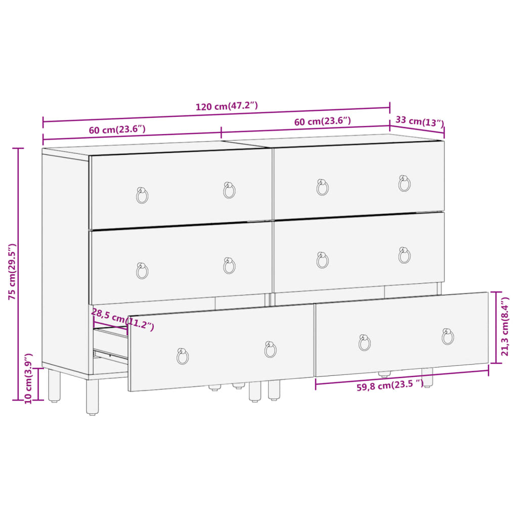 Credenze 2 pz 60x33x75 cm in Legno Massello di Mango