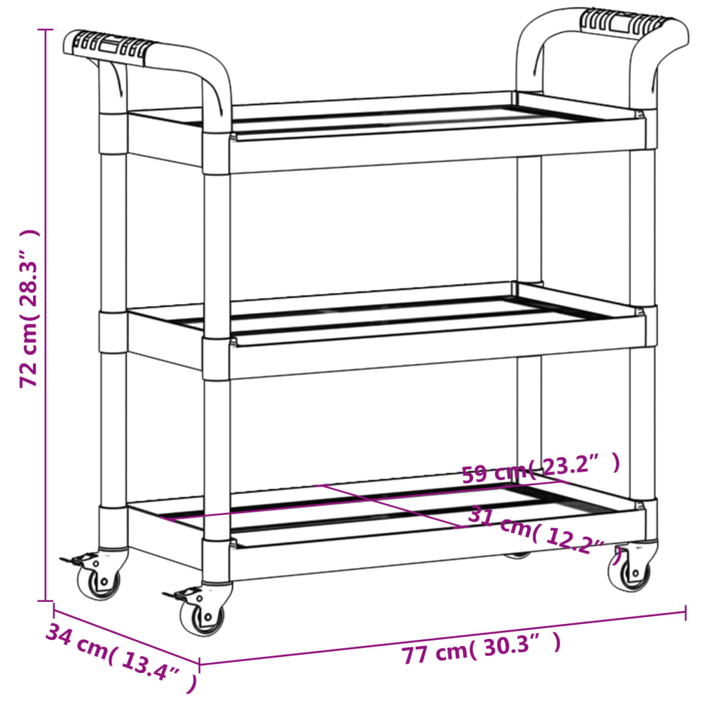 Carrello a 3 Ripiani Nero 77x34x72 cm in Alluminio - homemem39