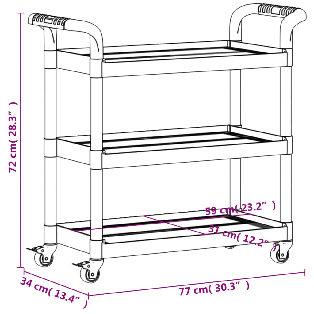 Trolley mit 3 grauen Regalen 77x34x72 cm aus Aluminium