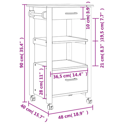 Carrello da Cucina MONZA 48x40x90 cm in Legno Massello di Pino