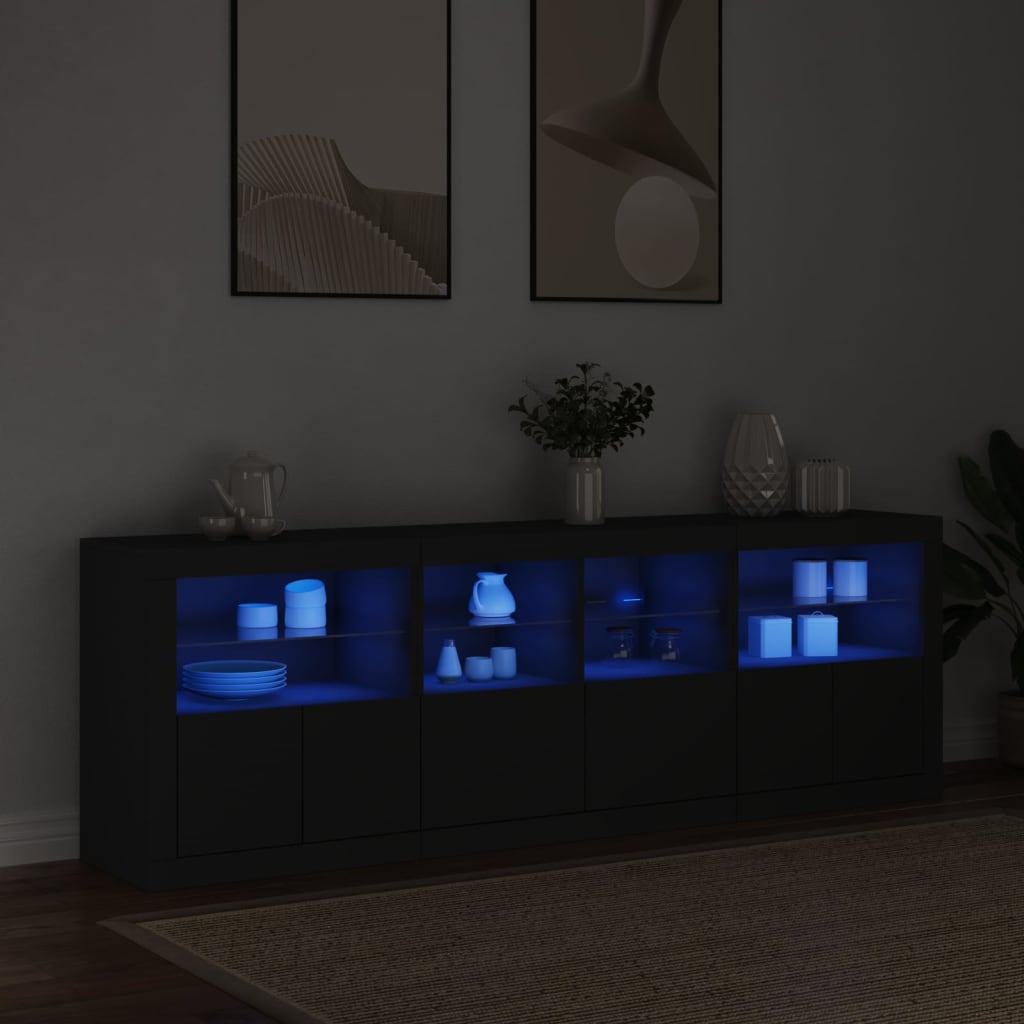 Credenza con Luci LED Nera 202x37x67 cm