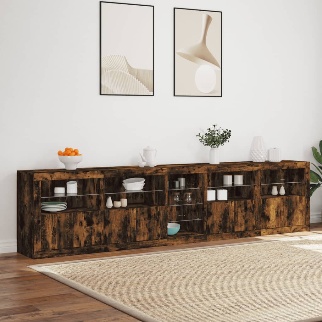 Credenza con Luci LED Rovere Fumo 283x37x67 cm