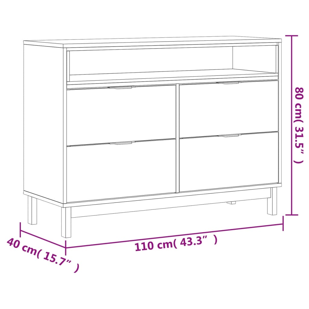 Cassettiera FLAM 110x40x80 cm in Legno Massello di Pino - homemem39