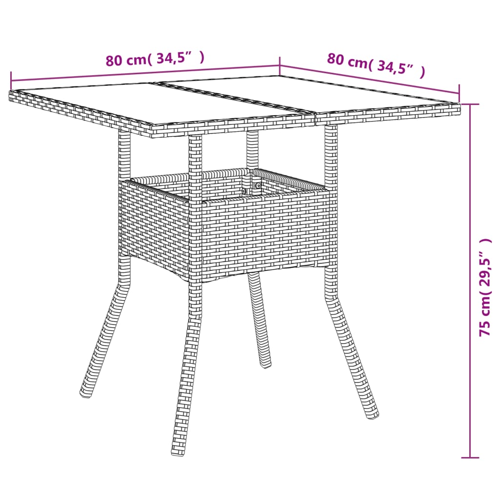 Tavolo da Giardino Piano in Vetro Nero 80x80x75 cm Polyrattan - homemem39