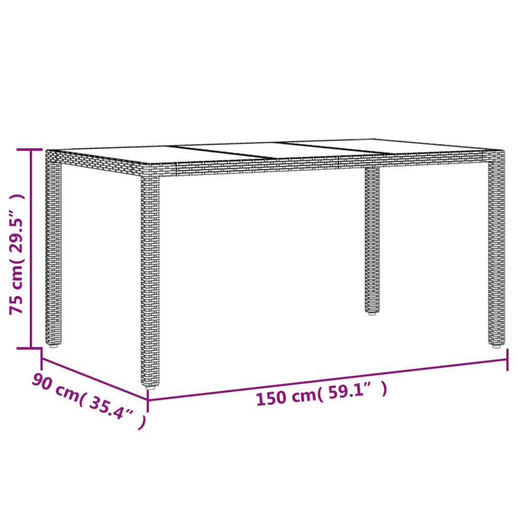 Tavolo da Giardino Piano in Vetro Nero 150x90x75 cm Polyrattan - homemem39