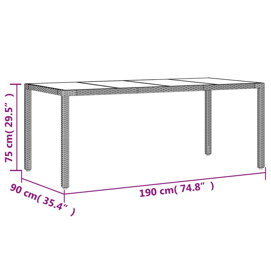 Tavolo da Giardino Piano in Vetro Nero 190x90x75 cm Polyrattan - homemem39