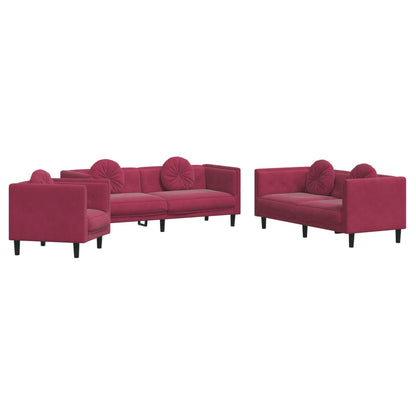 Set di Divani 3 pz con Cuscini Rosso Vino in Velluto