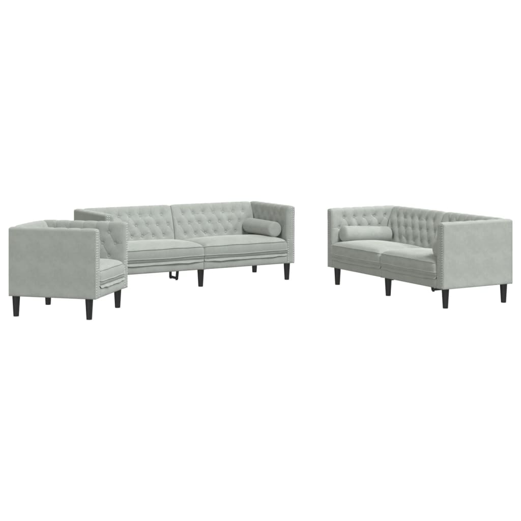 Set Divani Chesterfield 3pz con Cuscini Grigio Chiaro Velluto