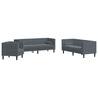 Set Divani Chesterfield 3pz con Cuscini Grigio Scuro Velluto