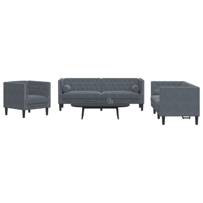 Set Divani Chesterfield 3pz con Cuscini Grigio Scuro Velluto