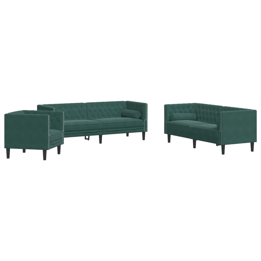 Set Divani Chesterfield 3pz con Cuscini Verde Scuro Velluto