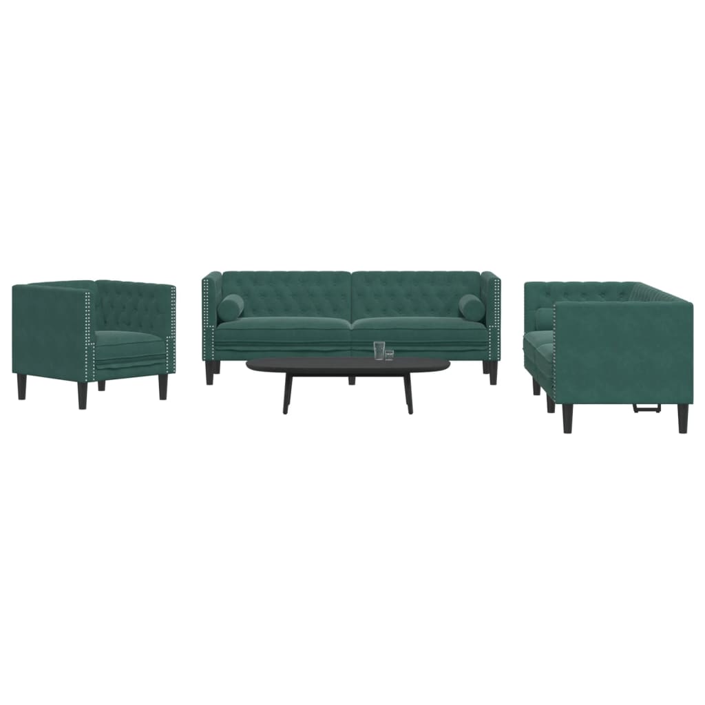 Set Divani Chesterfield 3pz con Cuscini Verde Scuro Velluto