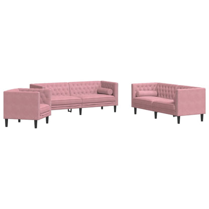 Set Divani Chesterfield 3pz con Cuscini Rosa Velluto