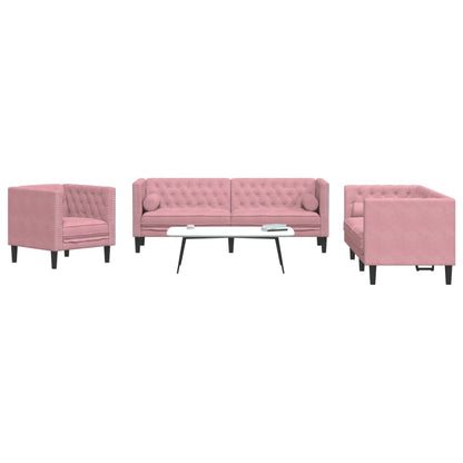 Set Divani Chesterfield 3pz con Cuscini Rosa Velluto