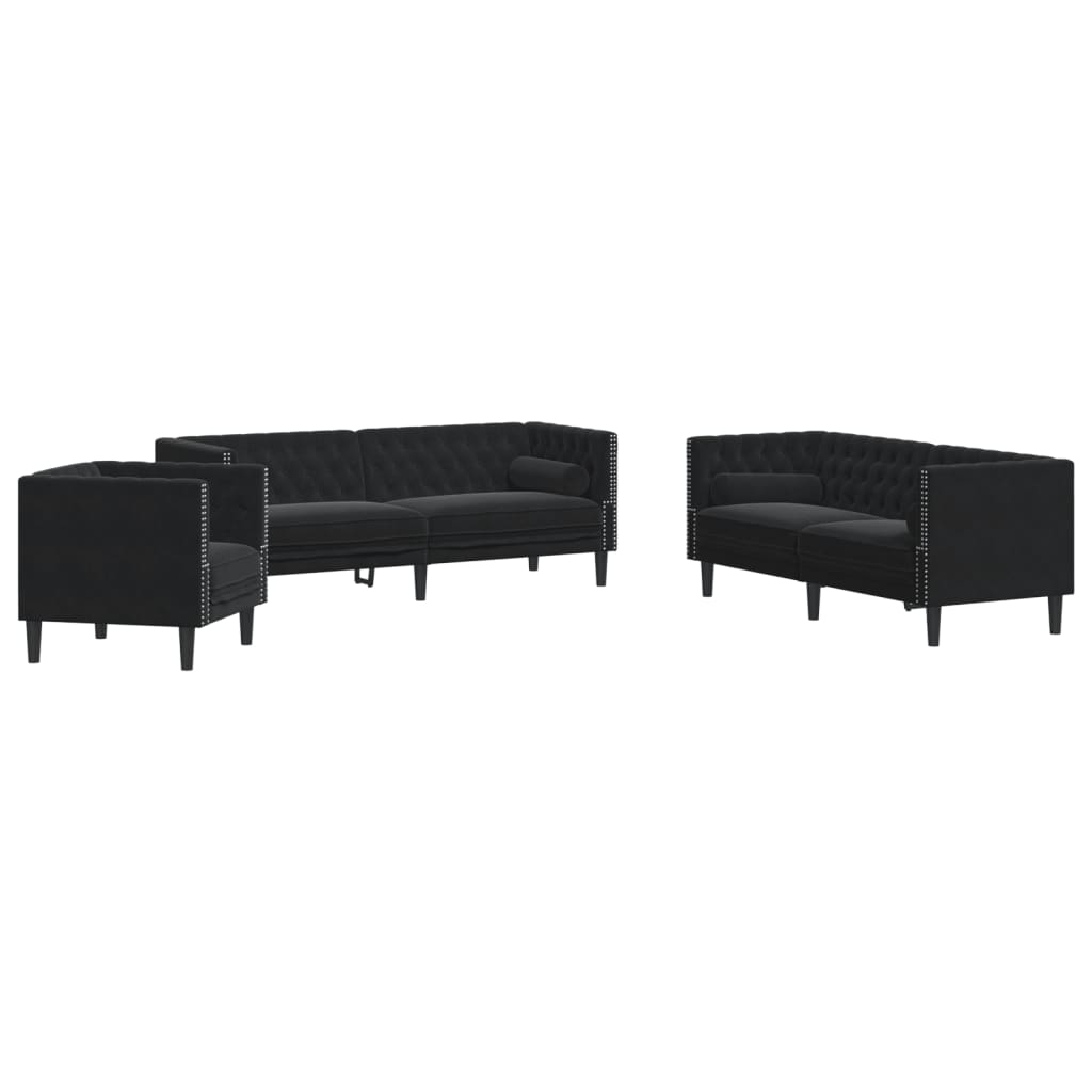 Set Divani Chesterfield 3pz con Cuscini Nero Velluto - homemem39