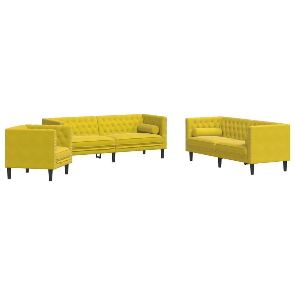 Set Divani Chesterfield 3pz con Cuscini Giallo Velluto