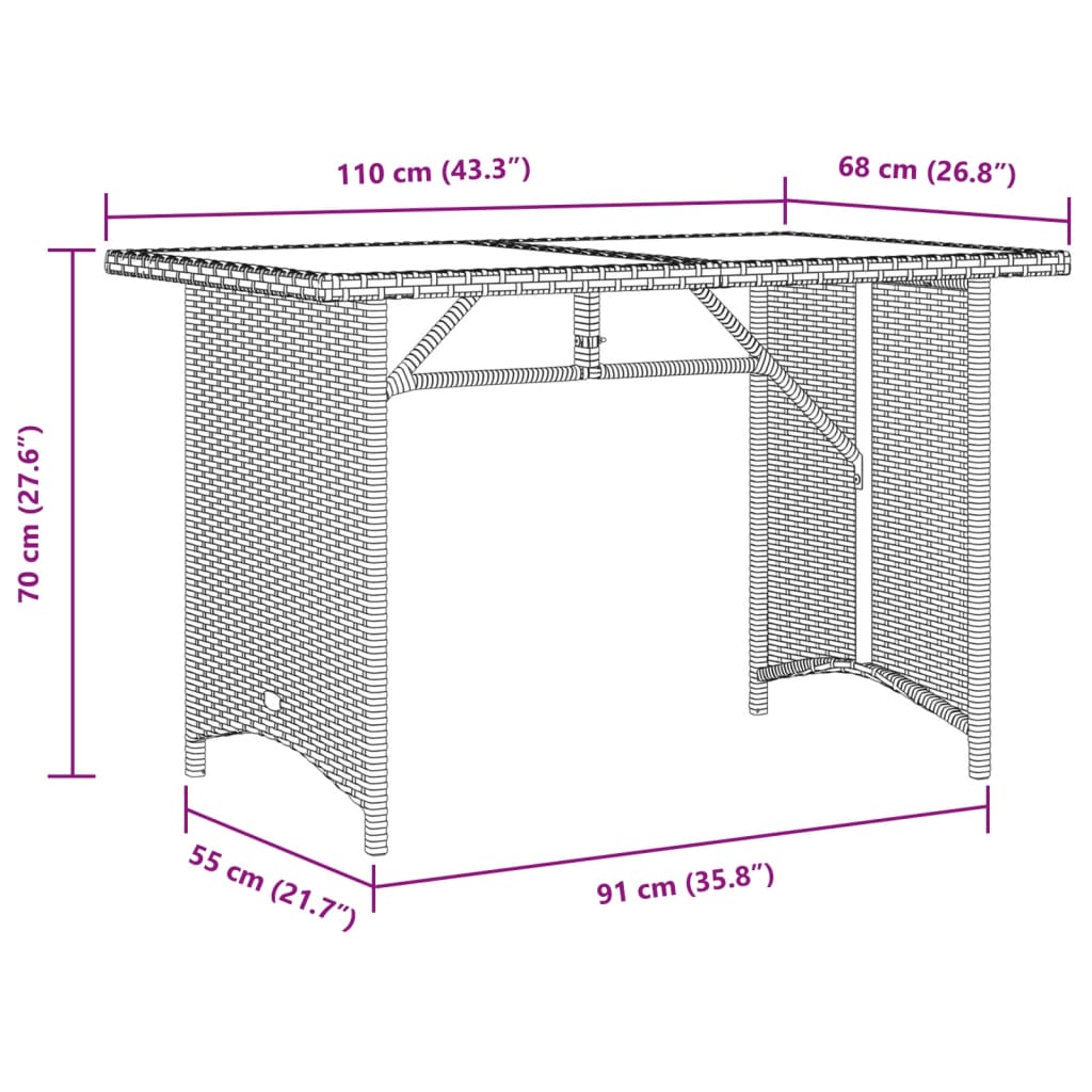 Tavolo da Giardino Piano in Vetro Nero 110x68x70 cm Polyrattan - homemem39