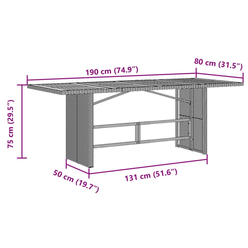 Tavolo Giardino Piano Legno Acacia Nero 190x80x75 cm Polyrattan