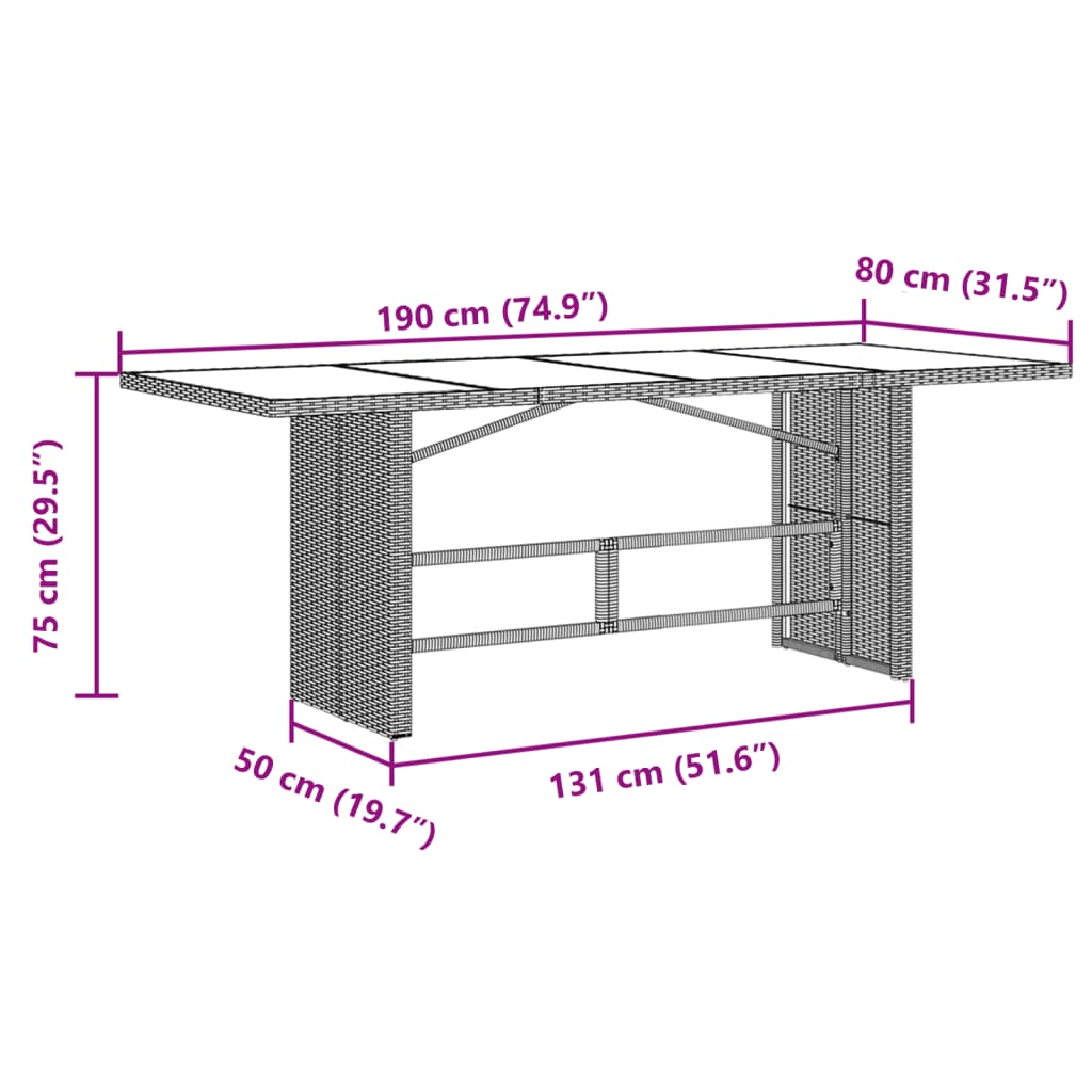 Tavolo Giardino Piano in Vetro Marrone 190x80x75cm Polyrattan - homemem39