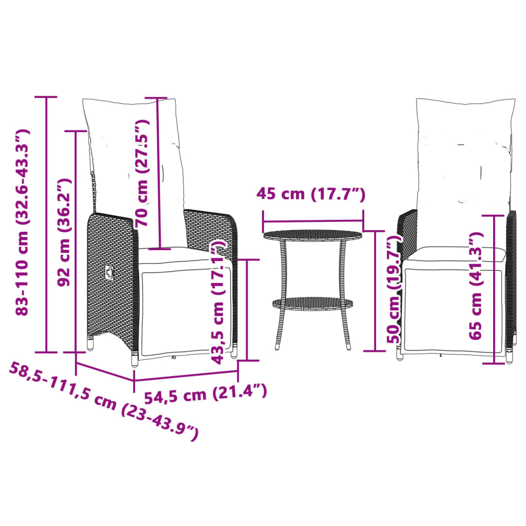 Sedie da Giardino Reclinabili 2 pz con Tavolo in Polyrattan - homemem39