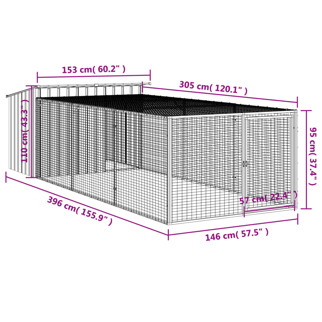 Casetta Cani con Corsa Antracite 153x396x110 cm Acciaio Zincato