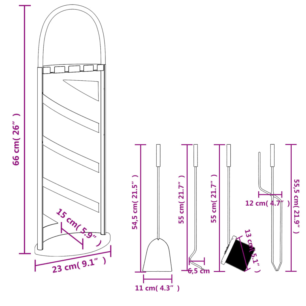 Set Attrezzi per Caminetto 5 pz 23x15x66 cm in Acciaio - homemem39