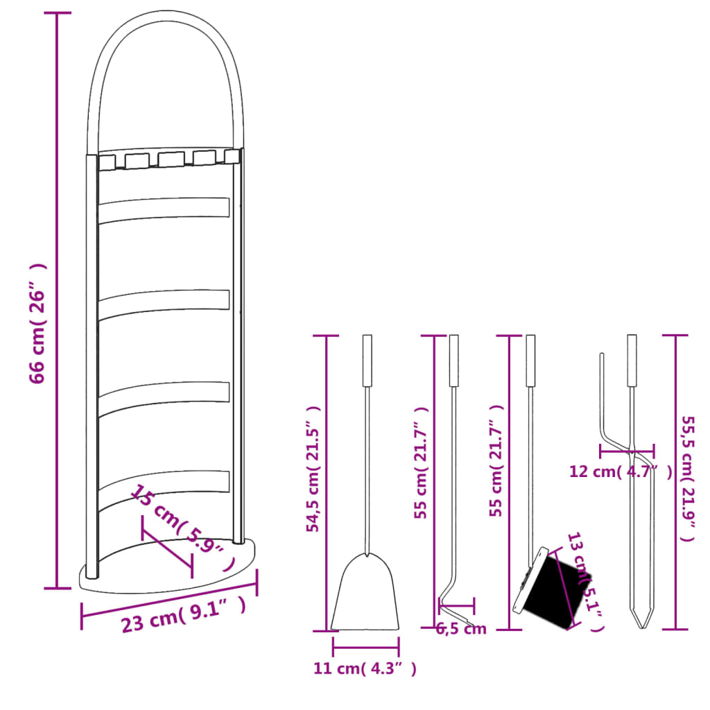 Set Attrezzi per Caminetto 5 pz 23x15x66 cm in Acciaio - homemem39