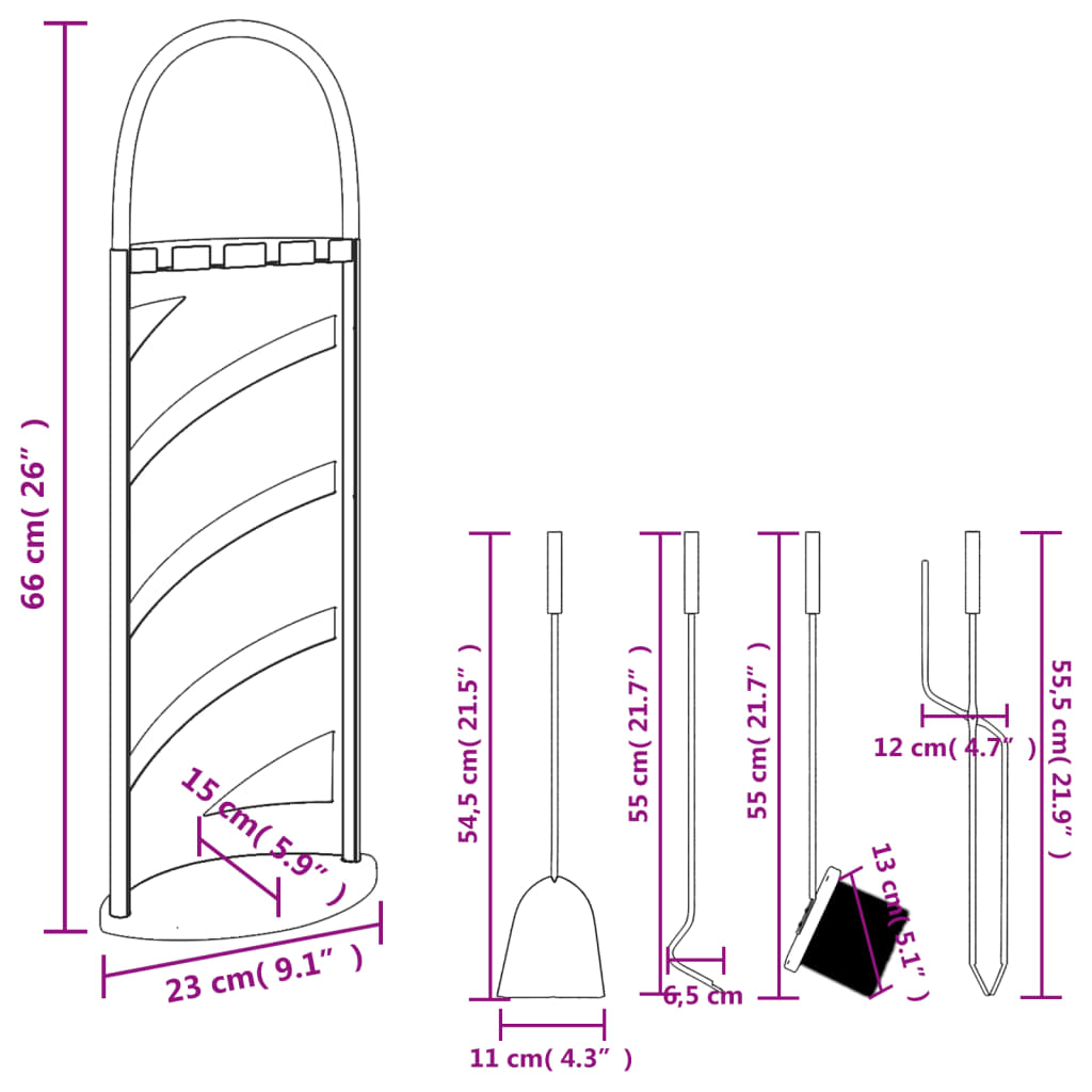 Set Attrezzi per Caminetto 5 pz 23x15x66 cm in Acciaio - homemem39