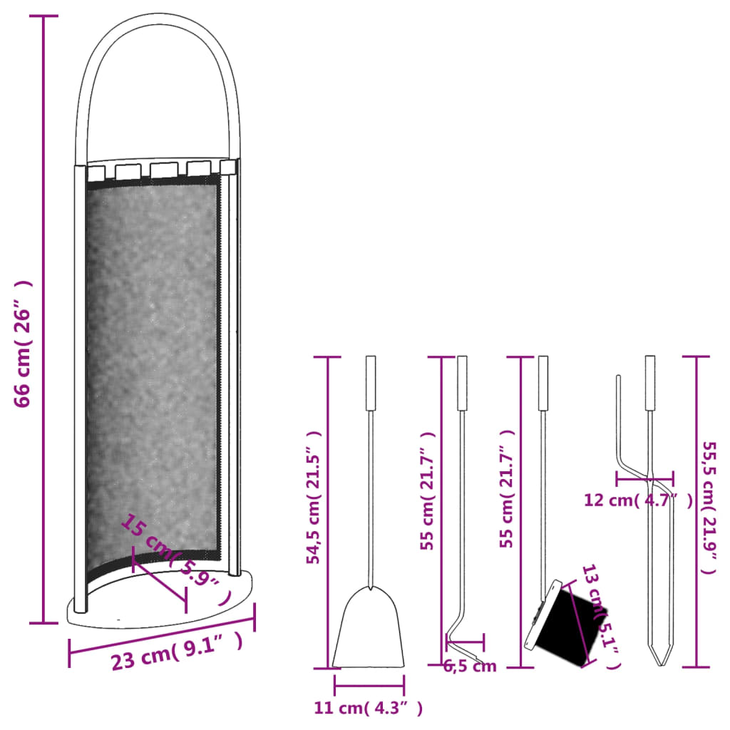 Set Attrezzi per Caminetto 5 pz 23x15x66 cm in Acciaio - homemem39