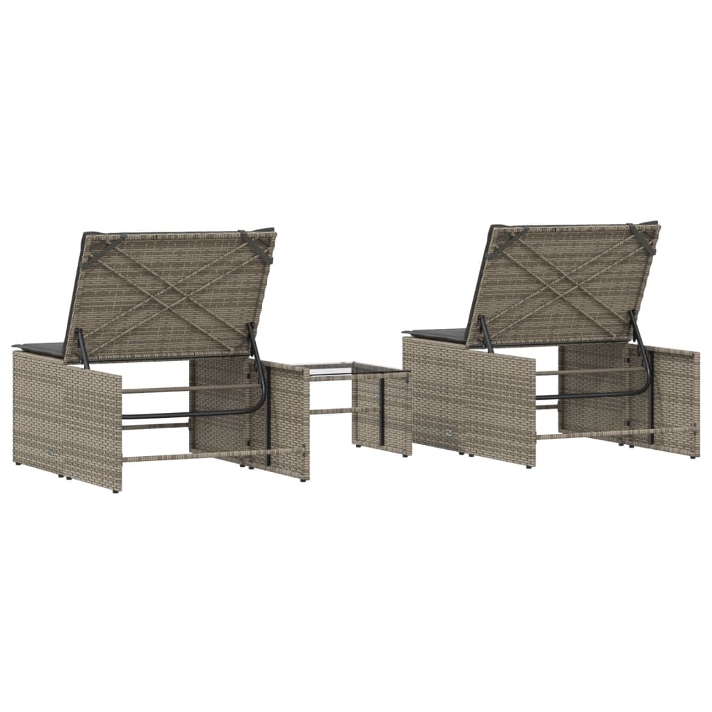 Lettini Prendisole 2 pz con Tavolino Grigio in Polyrattan - homemem39