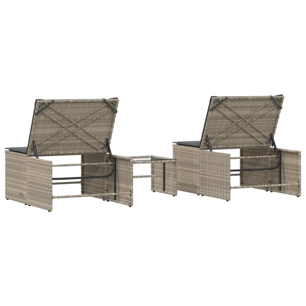 Lettini Prendisole 2pz con Tavolino Grigio Chiaro in Polyrattan - homemem39