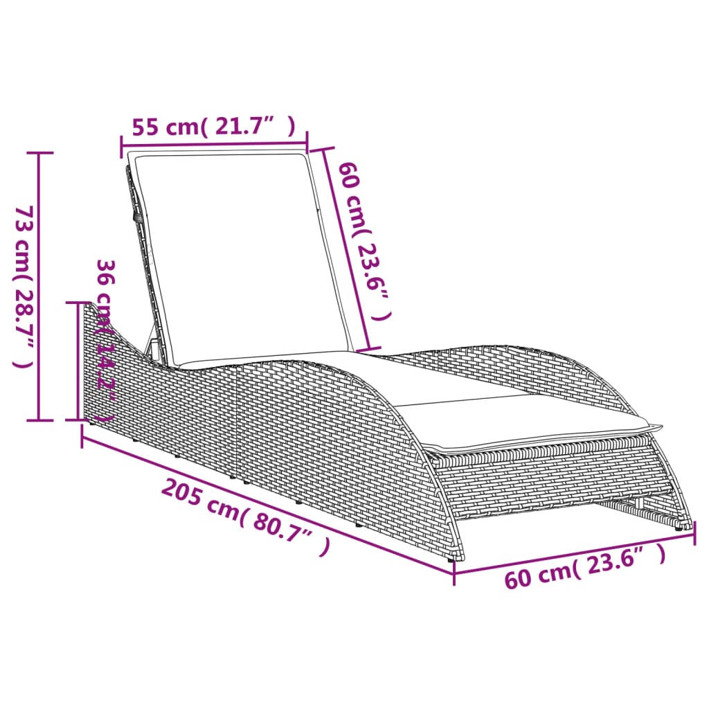 Lettino Prendisole con Cuscino Grigio 60x205x73 cm Polyrattan - homemem39