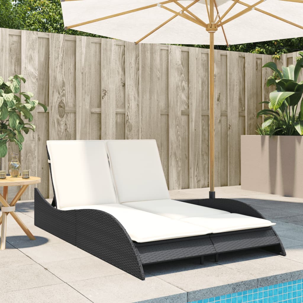 Lettino Prendisole con Cuscini Nero 114x205x73 cm in Polyrattan - homemem39