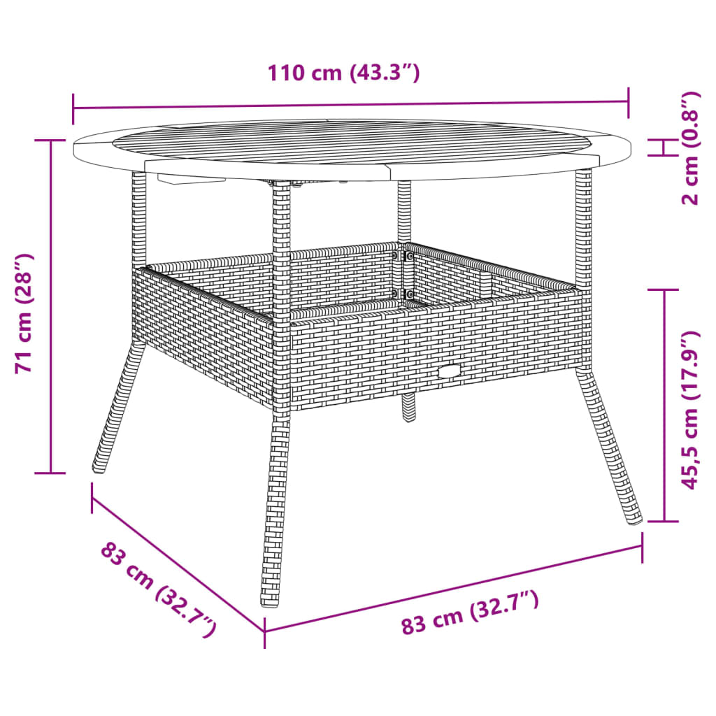 Tavolo Giardino Piano Legno Acacia Nero Ø110x71 cm Polyrattan - homemem39