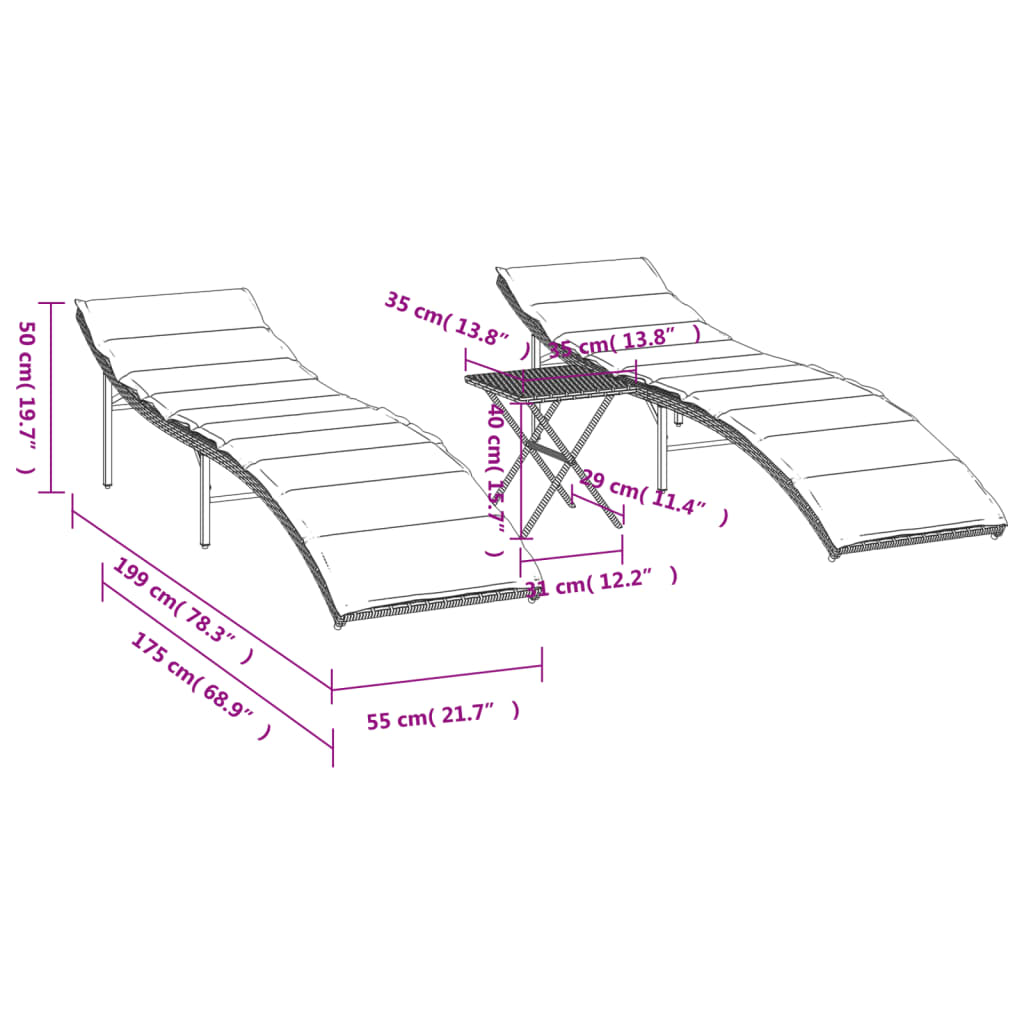 Lettini Prendisole 2 pz con Tavolino Grigio in Polyrattan - homemem39