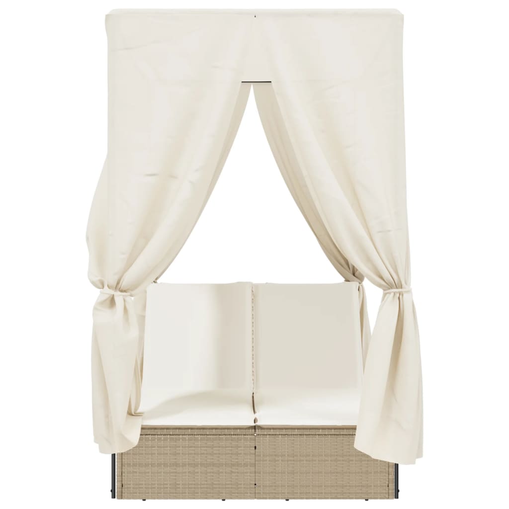 Lettino Prendisole con Tetto e Tende Beige in Polyrattan