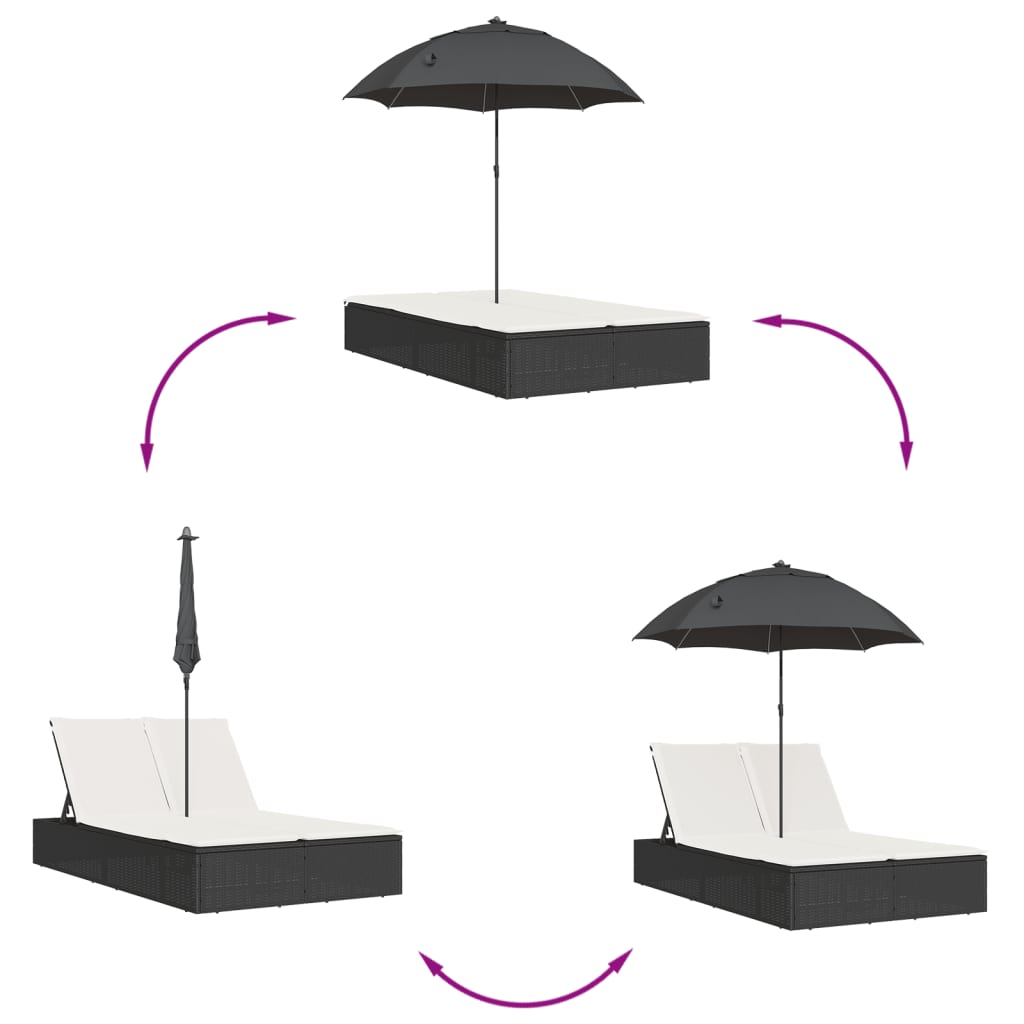 Lettino Prendisole Doppio Cuscini e Parasole Marrone Polyrattan