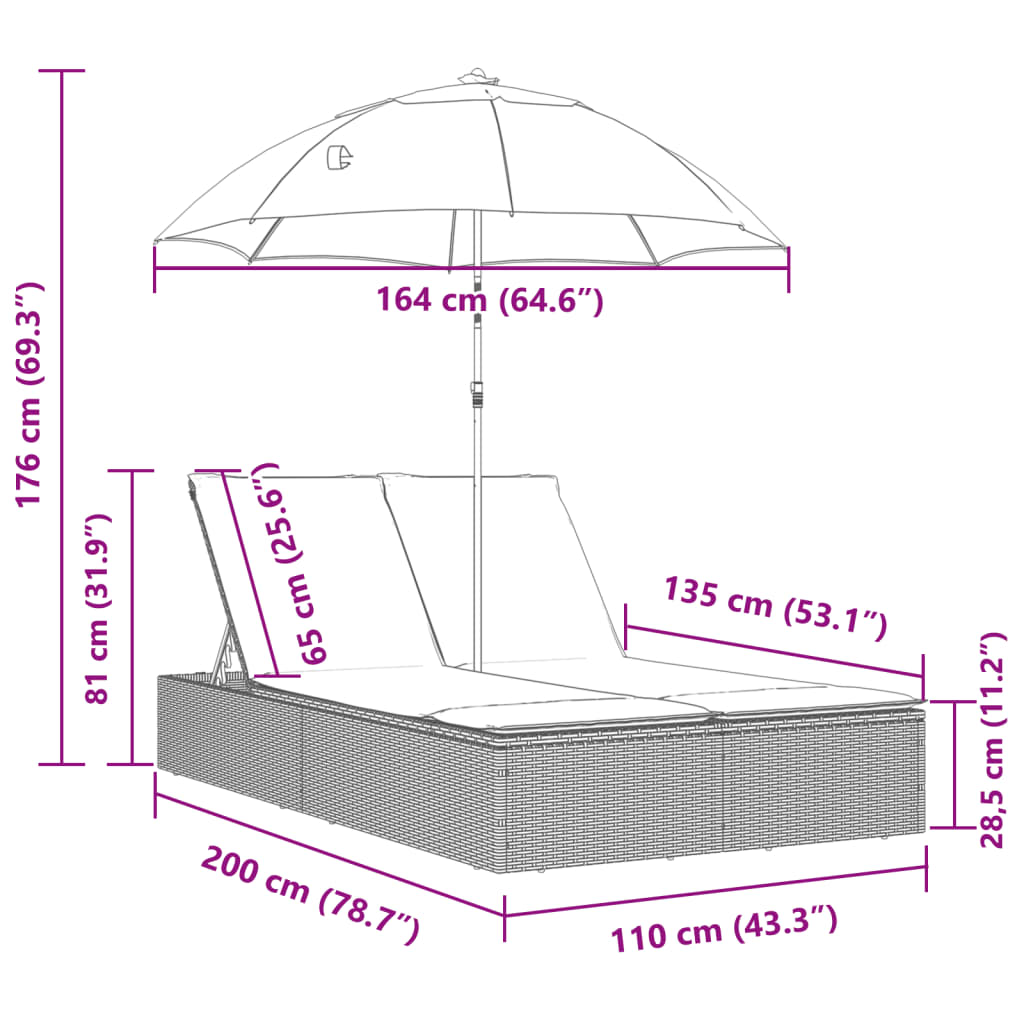 Lettino Prendisole Doppio Cuscini e Parasole Marrone Polyrattan