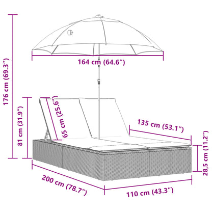 Lettino Prendisole Doppio Cuscini e Parasole Grigio Polyrattan