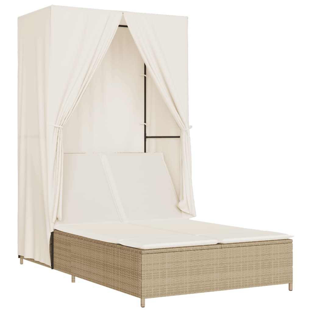 Lettino Prendisole con Tetto e Tende Beige in Polyrattan