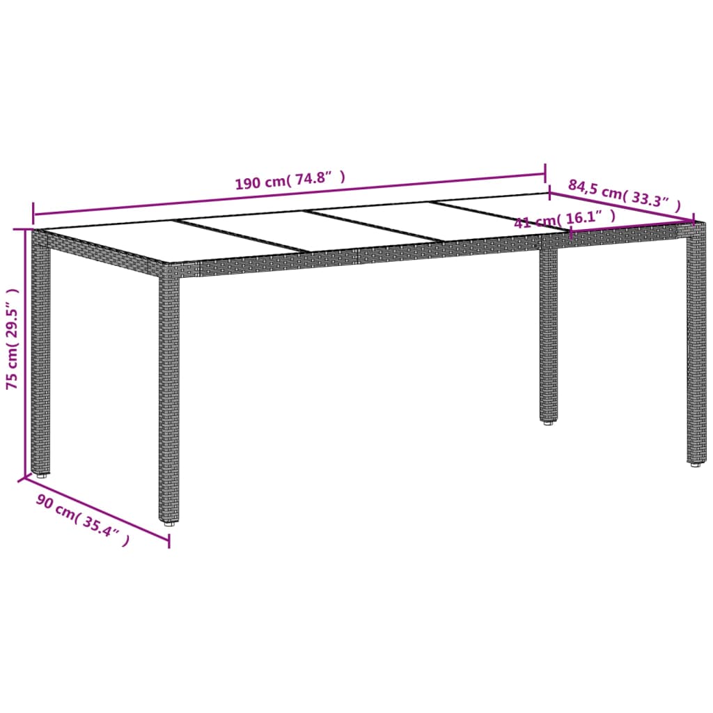 Tavolo Giardino Piano Vetro Grigio Chiaro 190x90x75 Polyrattan - homemem39