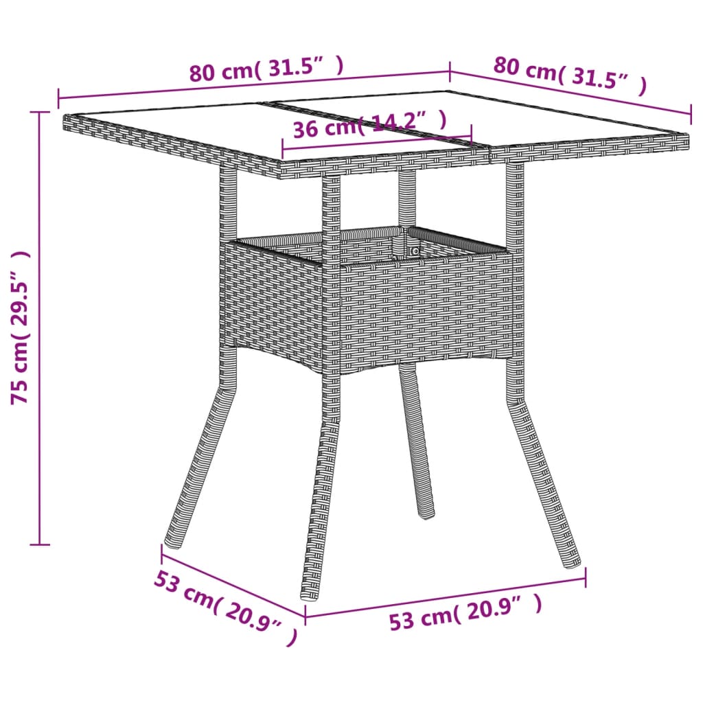 Tavolo Giardino Piano Vetro Grigio Chiaro 80x80x75cm Polyrattan - homemem39