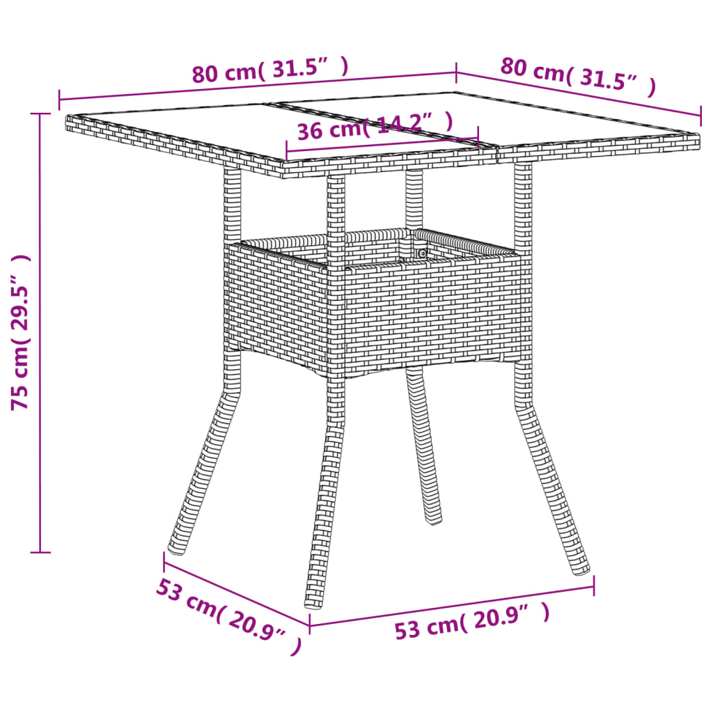 Tavolo Giardino con Piano Vetro Bianco 80x80x75 cm Polyrattan - homemem39