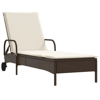 Lettino Prendisole con Ruote e Cuscino in Polyrattan Marrone - homemem39