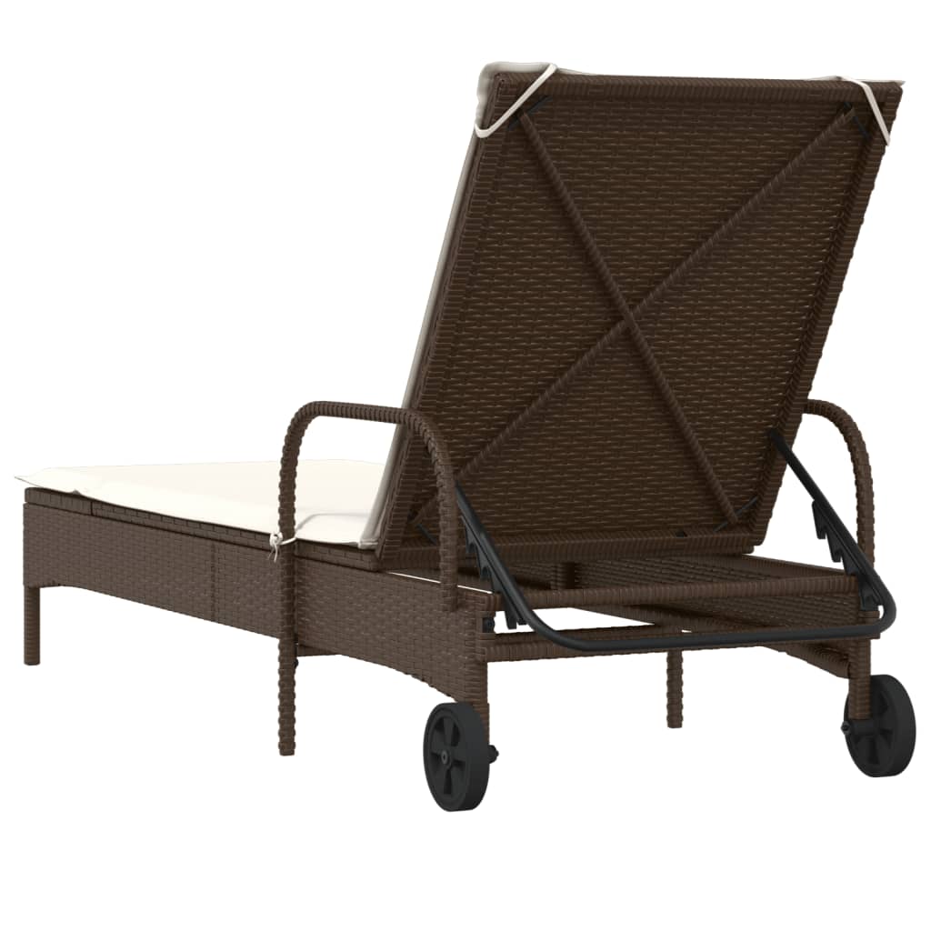 Lettino Prendisole con Ruote e Cuscino in Polyrattan Marrone - homemem39