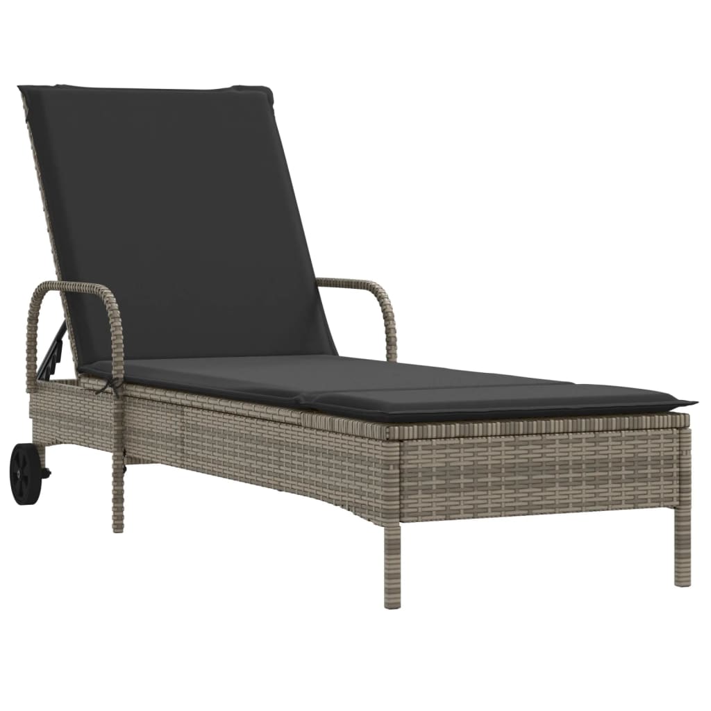 Lettino Prendisole con Ruote e Cuscino in Polyrattan Grigio - homemem39